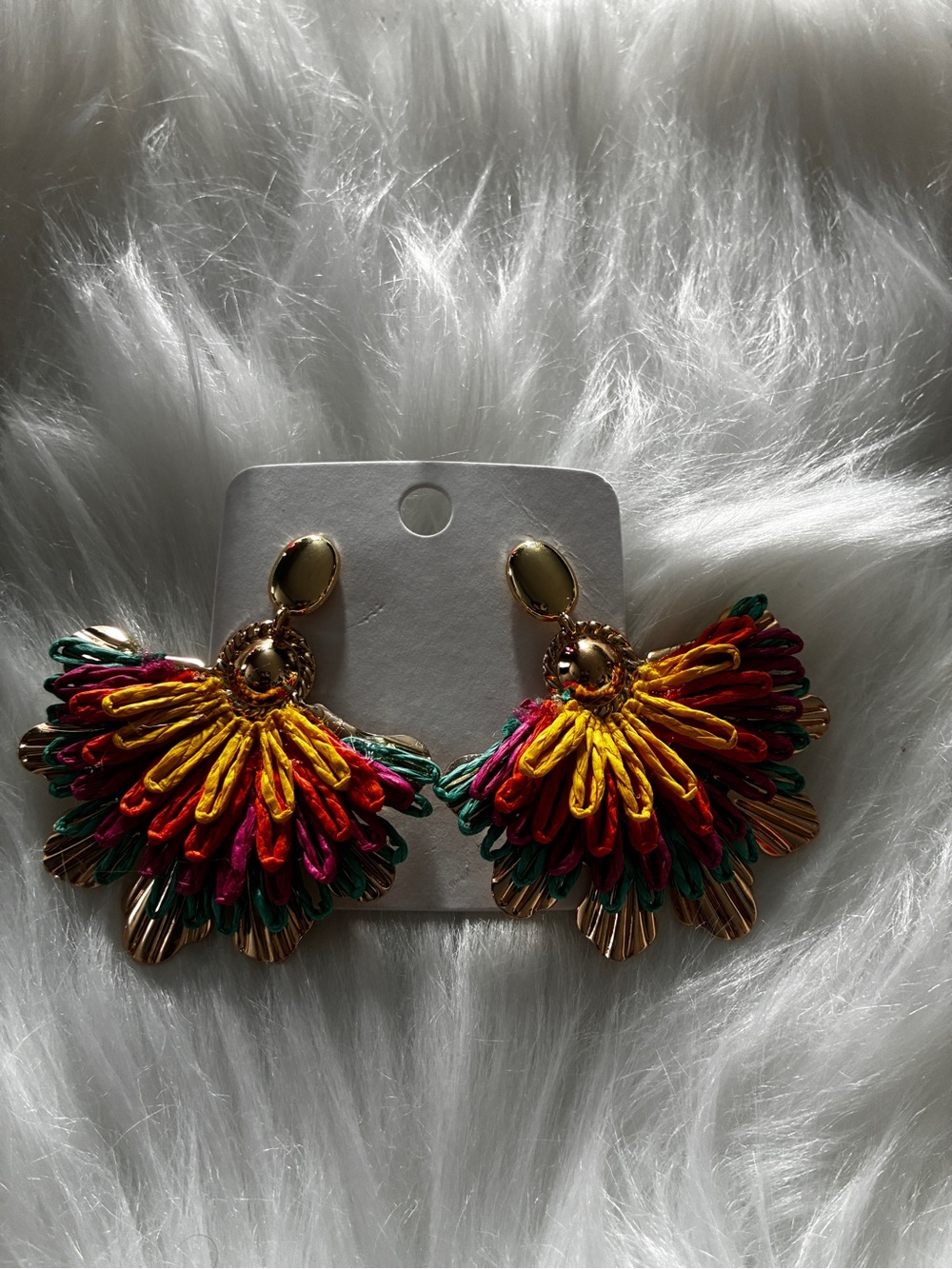 Colorful Multicolor Fan Statement Earrings - Gold Accents